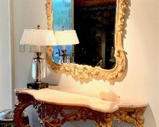 carved Italian mirror and console with stone top