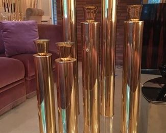 incredible Oggetti mid century brass candlesticks: 3 pairs graduated sizes 