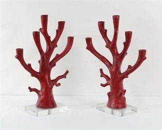 Pair Faux Bois Oxblood Coral Candelabras W Lucite Bases