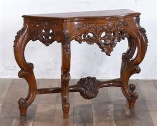 Carved Rococo Demilune Console Table W Bone Inlay