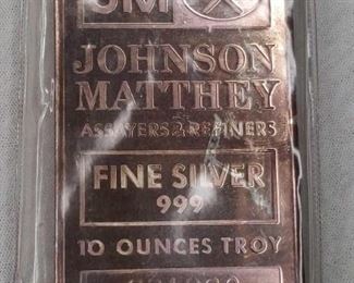 10 troy oz. Silver Bar Johnson Matthey