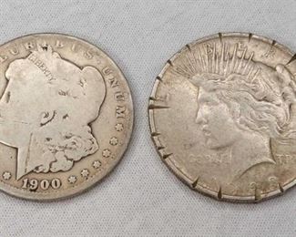 1900-O Morgan Silver Dollar & 1923-D Peace Silver Dollar, Damaged