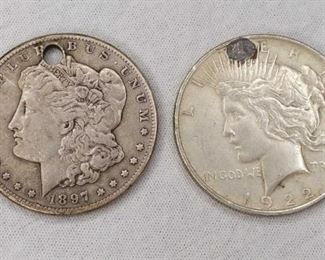 1897 Morgan Silver Dollar & 1922 Peace Silver Dollar, Holed