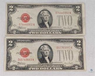 (2) 1928 F Red Seal $2 US Legal Tender Notes
