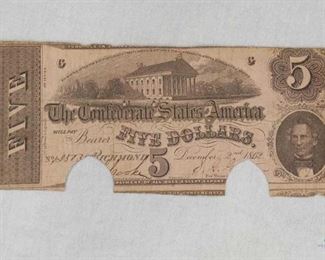 Confederate States December 2, 1862 $5 Note