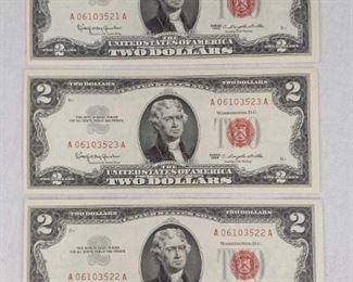 (3) 1963 Red Seal $2 US Legal Tender Notes