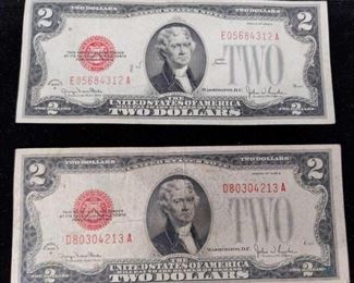 (2) 1928 G Red Seal $2 US Legal Tender Notes