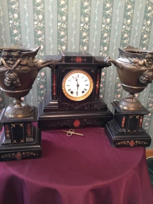 001 English Marble Mantle Clock Set by Seth Thomas