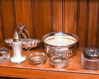 Group of Silver Plate and Glass Tabletop Objects