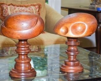 Two 2 Antique Wooden Hat Forms on Later Stands
