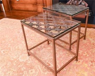 Two Antique Cast Iron Window Grates Mounted as Occasional Tables