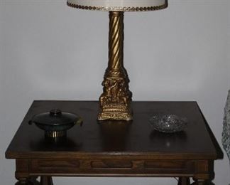 -Thomasville Vintage All Wood 30" Square Side Table           -Hollywood Regenecy Mid-Century gold Guilt Column  With Cherubs Base Table Lamp 30" H 