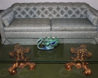 -Clyde Pearson Highpoint N.C. Mid-Cebtury Sage Green Brocade Upholstered Buttoned Tuffed Back Sofa With Blustered Arm Pillows
- Hollywood Regency  Gold Guilled  Scrolled Acanthus Leaf Tri-footed double Pedestal  Glass Top  cocktail (60"W x 26"D x 15 3/4 "H) 