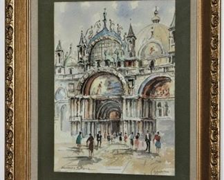 Basilica San Marco Venezia Italy Water Color, Signed by Artist in a Lenin Matt Gold Leaf Frame (16"x 20")