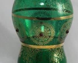 Made in Italy, Green Italian Art Glass, Decorated in Gold Film with Red Stones (13”H)