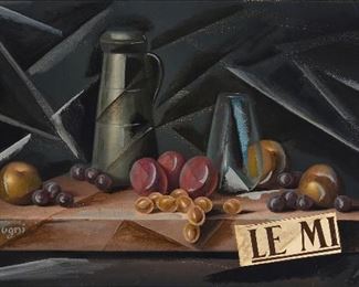 26
Jean Albert Pougny
1892-1956, Russian / French
Still Life With "LE MI"
Oil on canvas laid to panel with applied newsprint
Signed lower left: Jean Pougni
13.75" H x 25.75" W
Estimate: $3,000 - $5,000
