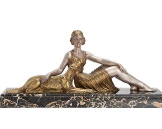 28
Demétre Haralamb Chiparus
1886-1947, Romanian
Young Woman With Borzoi
Bronze sculpture with gold and silver patina on marble base
Inscribed to base: D.H. Chiparus / Bronze Veritable / Editions Reveyrolis / Paris
12.5" H x 27" W x 6.625" D
Estimate: $4,000 - $6,000