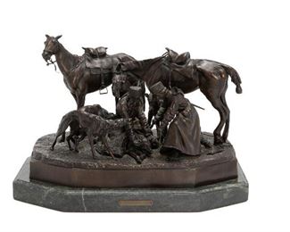 57
After Nicolai Lieberich
1828-1883, Russian Federation
Hunters And Hounds, 1884
Bronze attached to marble base
Stamped to base: Fabr. C. F. Woerffel / 1884 / St. Petersburg; Further stamped with Finance Ministry stamp dated 1884
11.875" H x 17.75" W x 14" D
Estimate: $1,200 - $1,800