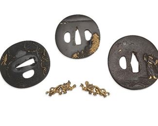60
A Group Of Japanese Metal Sword Ornaments
20th Century
Comprising 3 round tsuba (guards) and 2 dragon menuki (ornaments) all with gilt decoration
Largest: 3" Dia.
Estimate: $600 - $800