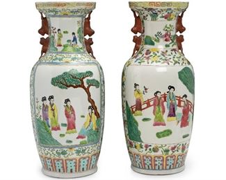 61
A Pair Of Chinese Famille Verte-Style Vases
20th Century
Apparently unmarked
Each with white body with painted genre scenes and flower and vine decoration, two handles, and wide sholdered open rim, 2 pieces
Each approximately: 23.375" H x 10" Dia.
Estimate: $600 - $800