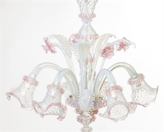 71
A Venetian Glass Chandelier
Mid-20th Century
The five-light chandelier with clear glass body and arms with pink accents
26" H x 28" Dia.
Estimate: $1,000 - $1,500