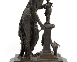 75
A French Neoclassical Bronze Figure "Offrande A Minerve"
Fourth-quarter 19th Century
Inscribed: Offrande Minerve; Futher titled to marble base
The classical female figure shown laying laurel leaves at the feet of a statue to Minerva set on a marble base
17.625" H x 12.875" W x 7" D
Estimate: $800 - $1,200