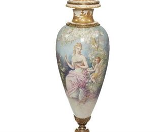 77
A Monumental Sèvres Lidded Urn
19th Century
Marked to lid for Sevres
The white ground with gilt-bronze mounted acorn finial to lid and footed-base featuring classical musical scenes including one playing "Chanson de Printemps"
56" H x 15" Dia.
Estimate: $15,000 - $20,000