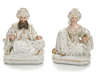 87
A Pair Of Jacob Petit Porcelain Incense/Candle Holders
Mid-19th Century
Each marked for Jacob Petit: JP
Comprising two seated figures of a sultan with an Arabic-style French fork beard and sultana each with a turban and gilt accents, probably made for the Turkish market, 2 pieces
Larger: 8.5" H x 7" W x 5" D
Estimate: $3,000 - $5,000