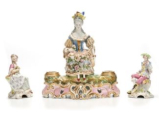 89
Three Jacob Petit Porcelain Items
Mid-19th Century
Signed to base for Jacob Petit: JP
Comprising an inkwell together with a seated lady and seated gentleman figures, 3 pieces
Largest: 12.5" H x 10.5" W x 6" D
Estimate: $600 - $900