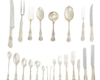 92
A Tiffany & Co. "English King" Sterling Silver Flatware Service
After 1885
Each stamped for Tiffany; Sterling further stamped: Tiffany & Co. / Sterling / 1885 M
Comprising 12 hollow-handled knives (10.25"), 12 hollow-handled knives (9.25"), 12 butter spreaders (5.75"), 12 dinner forks (7.375"), 12 forks (6.75"), 12 salad/dessert forks (6.625"), 12 oyster forks (6"), 24 dinner spoons (7.125"), 11 iced tea spoons (7.5"), 26 teaspoons (5.75"), 11 fruit spoons (5.625"), 12 boullion spoons (5.125"), 12 demitasse spoons (4"), 1 two-piece large carving set (knife 14"), 1 two-piece carving set (knife 10.25"), 1 serving fork (8.5"), 1 large serving spoon (8.875"), 4 serving spoons (8.5"), 1 gravy ladle (7.125"), and 1 pair sugar tongs (4.125"), 192 pieces
Weighable silver: 276.22 oz. troy approximately
Estimate: $10,000 - $20,000