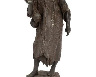100
A Patinated Bronze Figure Of An Arab Storyteller
Late-19th/early-20th Century
Apparently unsigned
The standing figure in robes with travel sacks
32.5" H x 9.5" W x 11" D
Estimate: $800 - $1,200
