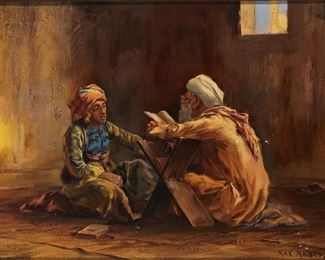 101
Max Friedrich Rabes
1868-1944, German
"Koran Worshipping, Cairo"
Oil on canvas
Signed lower right: Max Rabes, signed again and titled on the stretcher
17" H x 23" W
Estimate: $500 - $700