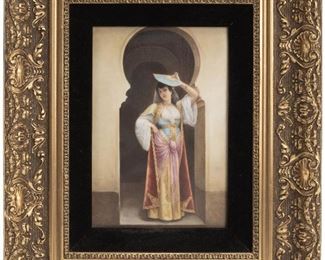 103
A Framed Porcelain KPM Plaque Of An Eastern Woman
1837-1844
Marked for KPM: [Impressed Scepter]
The standing woman depicted under a key-hole archway in oriental clothing with a fan
Frame: 16.125" H x 13.375" W; Plaque: 9.25" H x 6.375" W
Estimate: $1,500 - $2,500