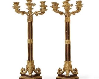 106
A Pair Of French Gilt-Bronze And Rouge Marble Candelabra
Third-quarter 19th Century
Each seven-light candelabrum over a fluted rouge marble and gilt-bronze standard with Greek key design over a tripodal scrolled base, 2 pieces
27.5" H x 11" W x 11.5" D
Estimate: $3,000 - $5,000