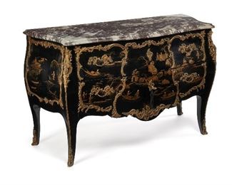 105
A Louis XV-Style Chinoisorie Two-Drawer Commode
Late-19th/early-20th Century
The black laquered body with two drawers and gilt bronze mounts decorated with enameled Chinoiserie scenes on cabriole legs
34" H x 53" W x 21.5" D
Estimate: $3,000 - $5,000