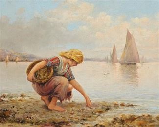 108
Woman Gathering Clams At The Seashore
Early 20th Century Continental School
Oil on canvas
Signed lower left: Brent
21.75" H x 35.5" W
Estimate: $1,000 - $1,500