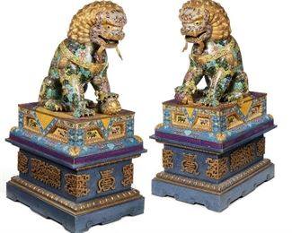 119
A Pair Of Chinese Cloisonné Enamel Foo Dogs
Second-quarter 20th Century
Each hollow metal sculpture of a foo dog with cloisonne throughout on a painted wood stand, 2 pieces
Each overall: 65" H x 28.5" W x 35.25" D
Estimate: $15,000 - $20,000