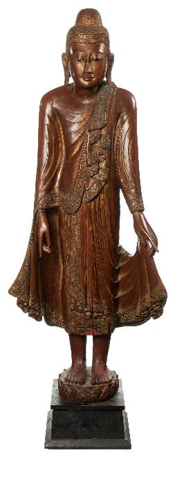 120
A Mandalay-Style Burmese Standing Buddha Figure
20th Century
Carved wood with painted and applied mirror and colored decoration
74" H x 27" W x 15" D
Estimate: $1,000 - $2,000