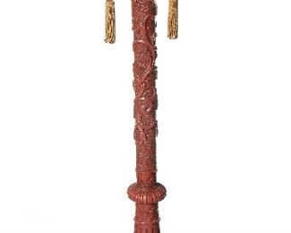121
A Chinese Cinnabar Floor Lamp
First-quarter 20th Century
The three-light lamp with scroll decorated shaft and foo dog tripod vase
63" H x 17" Dia.
Estimate: $1,000 - $2,000