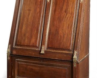 144
A Large Walnut Artist's Folio Cabinet
Late-19th/Early-20th Century
The walnut cabinet with bottom-hinged front door held up by three legs enclosing a deep blue velvet lining and three dividers over a lower locking compartment
Open: 56" H x 40" W x 64" D; Closed: 55" H x 40" W x 20" D
Estimate: $1,000 - $2,000