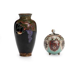 148
Two Japanese Cloisonne Items
20th Century
A Japanese cloisonné vase with grape cluster and bird together with a small Japanese cloisonné ball-shaped lidded vessel, 2 pieces
Taller: 7.5" H x 4" Dia.; Smaller: 4.5" H x 3.5" Dia.
Estimate: $800 - $1,200