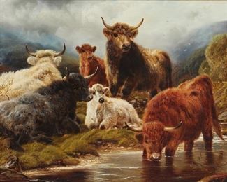 146
Robert Watson
1855-1921, English
"Highland Cattle" And "Highland Sheep," 1898 (Two Works)
Each: Oil on canvas under glass
Each: Signed and dated lower right: R. Watson
Each: 16" H x 24" W
Estimate: $6,000 - $8,000