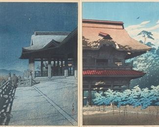 151
Hasui Kawase
1883-1957, Japanese
"Gate Of Kenchoji Temple, Kamakura" And "Kiyomizu Temple, Kyoto" (Two Works)
Wood block prints on paper under glass
Each signed lower right: Hasui Kawase, and with the artist's chopmark, each titled in the lower margin, each inscribed in Japanese in the lower or lower left margin
Sight of each: 14.5" H x 10" W
Estimate: $600 - $800