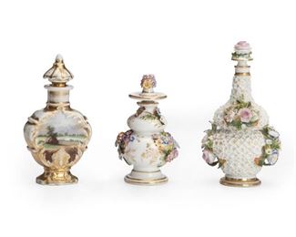 154
Three Jacob Petit Porcelain Perfume Bottles
Mid-19th Century
Each marked for Jacob Petit: JP
Each lidded bottle with floral decoration and gilt accents, 3 pieces
Tallest: 6.375" H x 3.5" Dia.
Estimate: $500 - $700