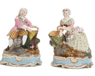 155
A Pair Of Jacob Petit Porcelain Incense Holders
Circa 1850-1865; Paris, France
Each marked to base for Jacob Petit: JP
The pair in the shape of a seated lady and a gentleman each holding an incense/candle holder, 2 pieces
7.375" H x 5.75" W x 3" D
Estimate: $500 - $700
