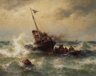 160
Theodore Alexander Weber
1838-1907, German
Tug Boat In Rough Seas
Oil on canvas under glass
Signed lower right: Th. Weber
22" H x 34" W
Estimate: $2,000 - $3,000