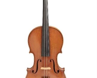 167
An Emile Bonnel Violin
Rennes France, 1896
Label to interior: Medailles D'Or & D'Argent E. Bonnel, luthier No. 246 Rennes 1896
One piece maple back with medium figured curl, ribs with medium figured curl, spruce top with narrow grain, scroll and neck of figured maple, ebonized finger board, No. 246, scuffs and scraps.
Length of back: 14"
Estimate: $1,000 - $2,000