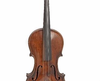 170
A Franz Xaver Schweigl Violin
Early 19th century
Label to interior
One piece maple back with, ribs with no curl, spruce top with narrow grain, the scroll and neck with light to medium figured maple, ebonized finger board
Length of back: 14 1/16"
Estimate: $600 - $800