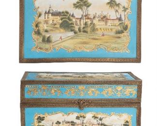 171
A Sèvres Table Top Jewelry Box
Late-18th Century
Marked for Sevres: [Double L]
The celeste blue box with brass edges and padded gold silk interior featuring painted city scenes
8.5" H x 13.75" W x 9.625" D
Estimate: $1,200 - $1,800