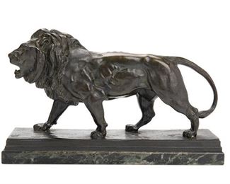 180
After Antione-Louis Bayre
1796-1875, French
Lion Marchant
Bronze on marble base
Signed: Barye / F. Barbedienne Fondeur France
6.5" H x 10.25" W x 3" D
Estimate: $2,000 - $3,000